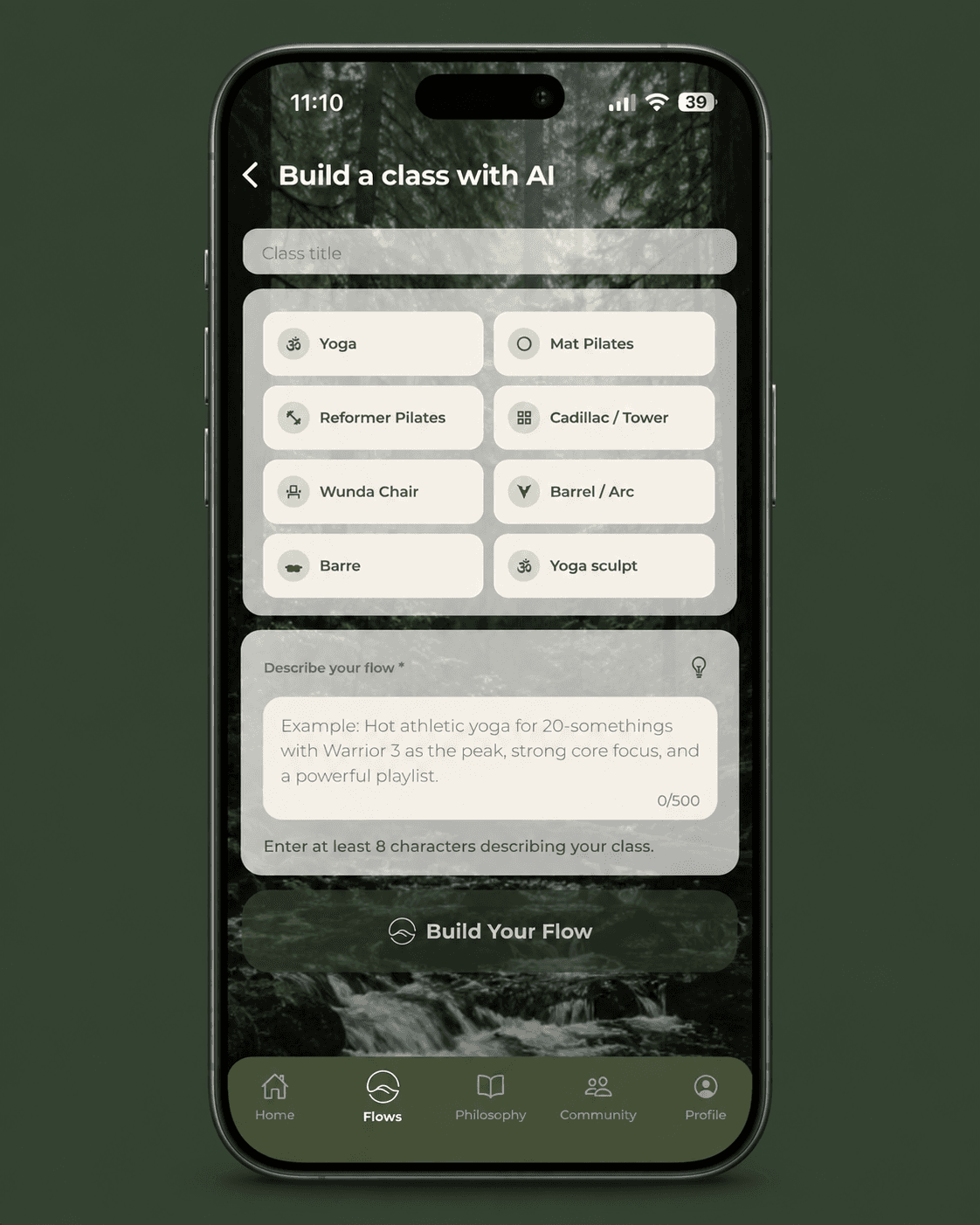 Flowstate AI class builder showing discipline choices and a written class brief