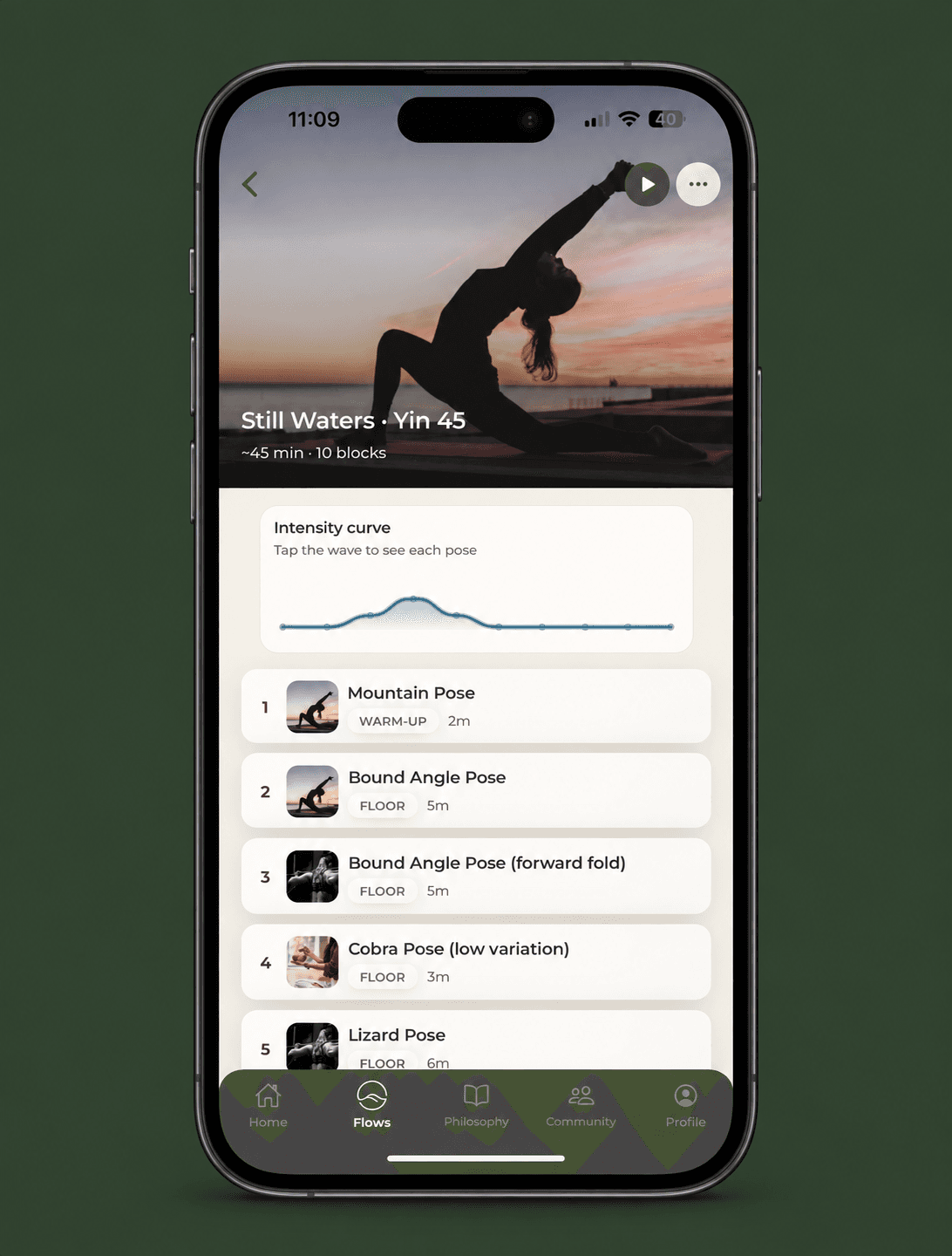Flowstate class detail with an intensity curve and timed movement sequence