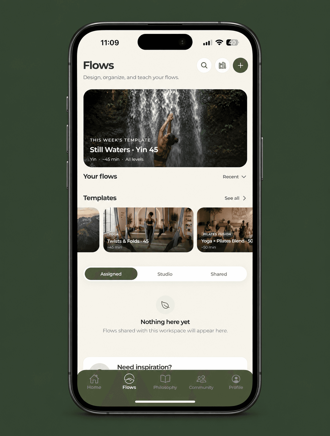 Flowstate flows screen with a featured template and shared-workspace tabs
