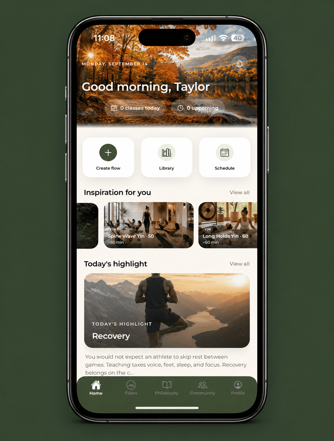 Flowstate home screen with class schedule, teaching tools, and inspiration