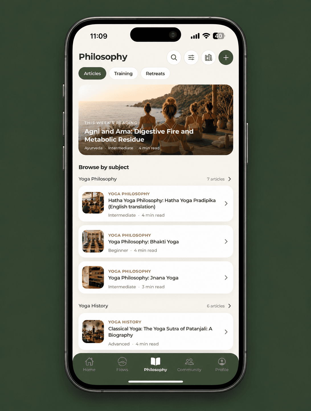 Flowstate philosophy screen with articles, training, and retreats