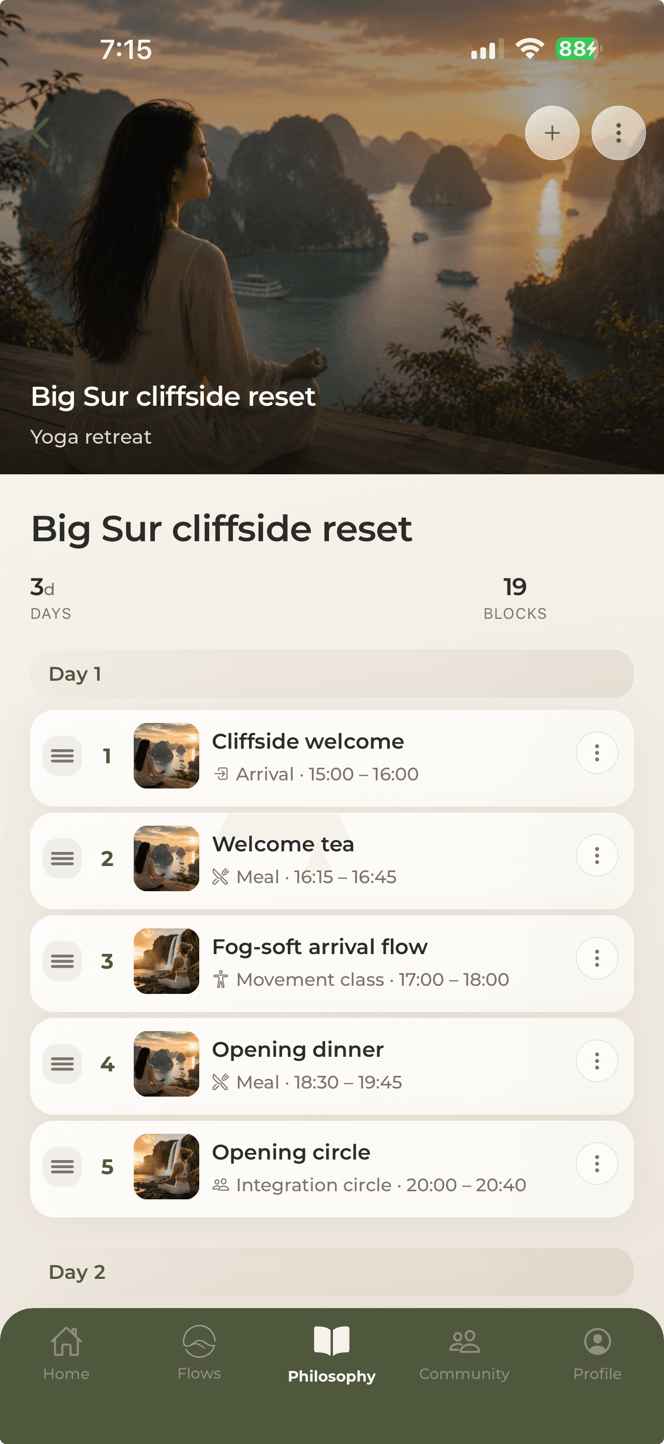 Flowstate retreat planner showing a three-day retreat with scheduled arrival, meals, movement classes, and an opening circle
