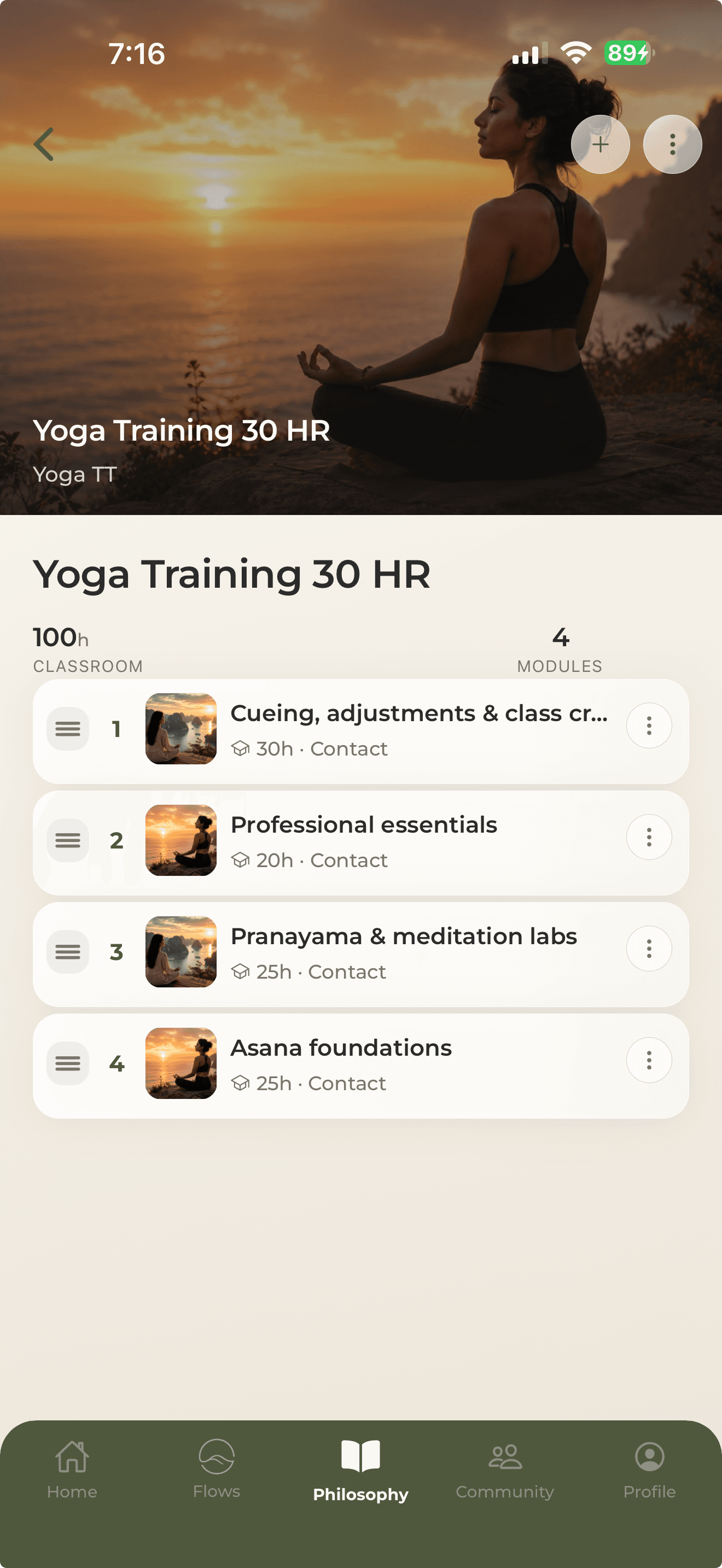 Flowstate training planner showing four curriculum modules and their classroom hours