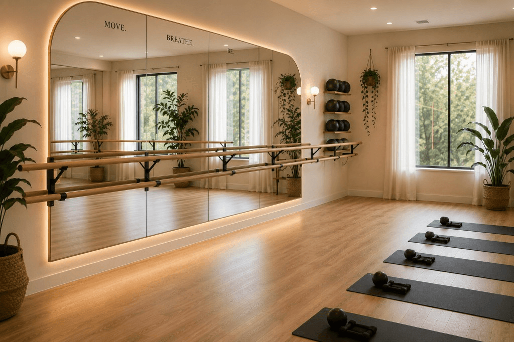 A bright barre studio with mats and small weights