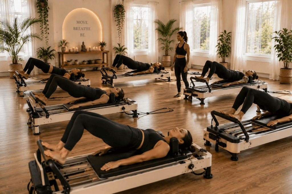 An instructor guiding a reformer Pilates class