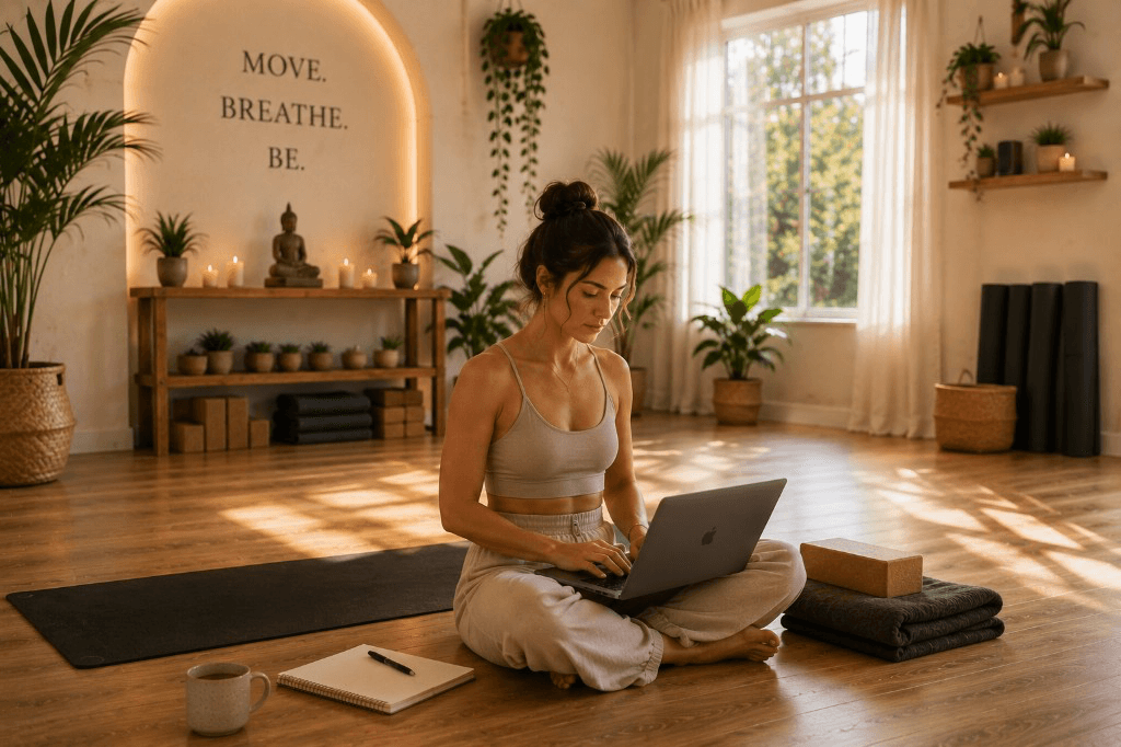 A movement teacher preparing a class with a laptop and notebook