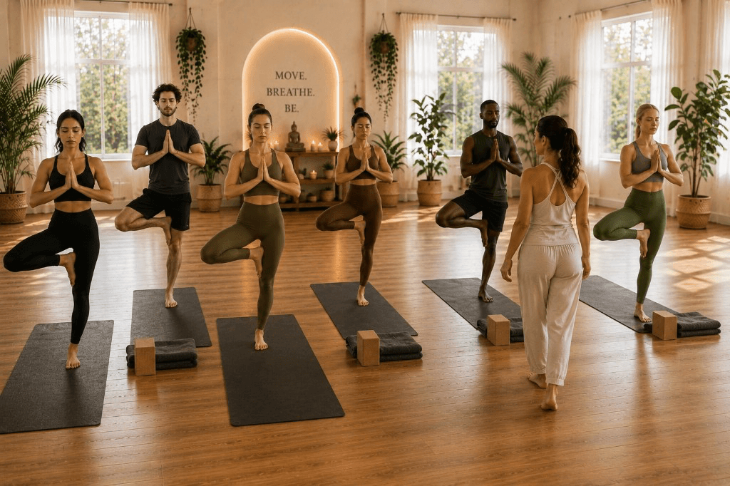 Teachers practicing tree pose together
