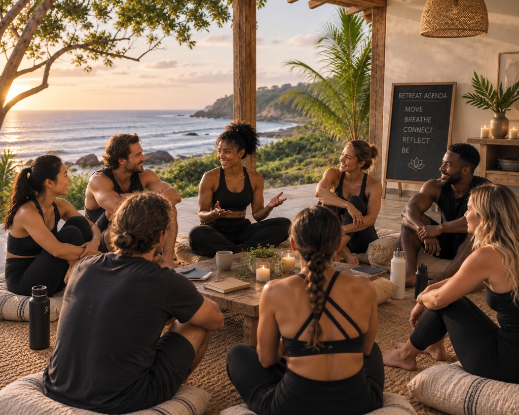A teacher leading a discussion with students in an oceanfront studio