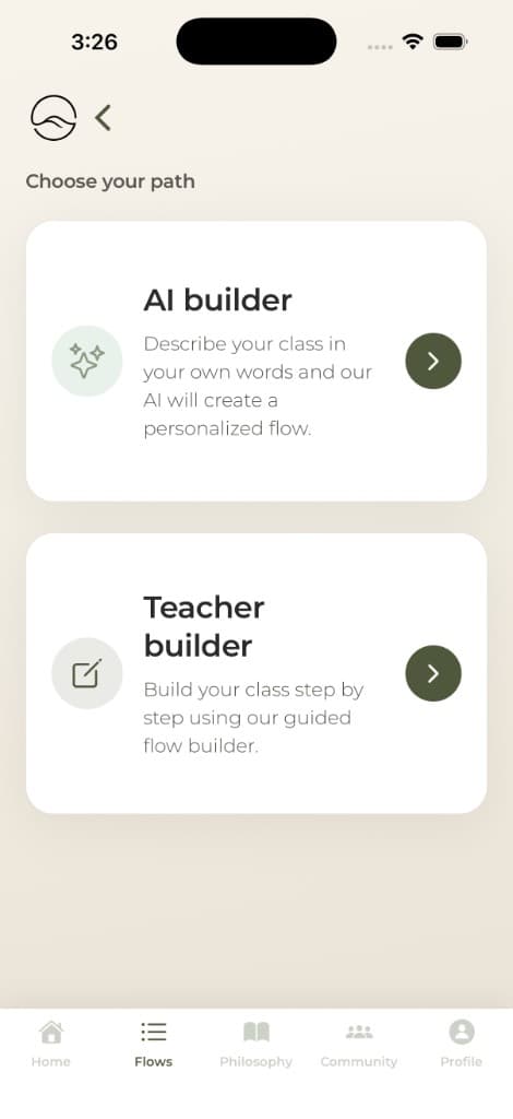 FlowState choose your path screen — AI builder or teacher builder