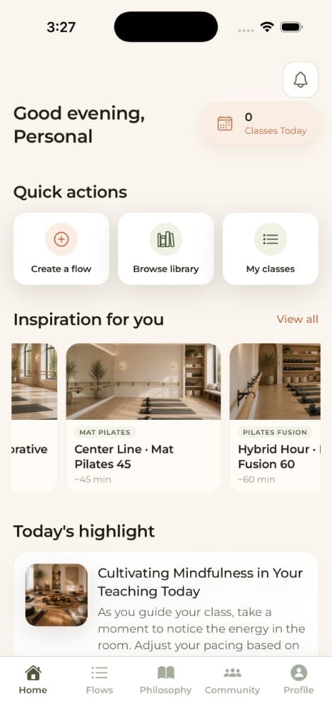 FlowState home screen with quick actions and inspiration cards