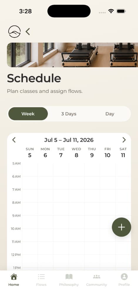 FlowState schedule screen with weekly calendar grid