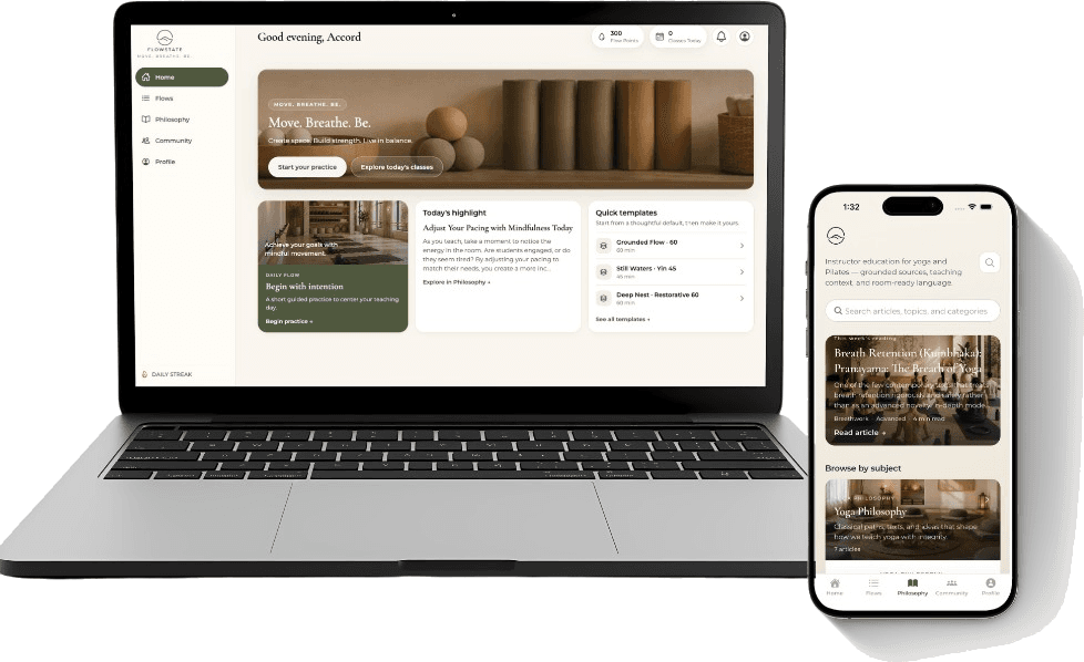 FlowState on laptop and iPhone — home dashboard and Philosophy instructor education