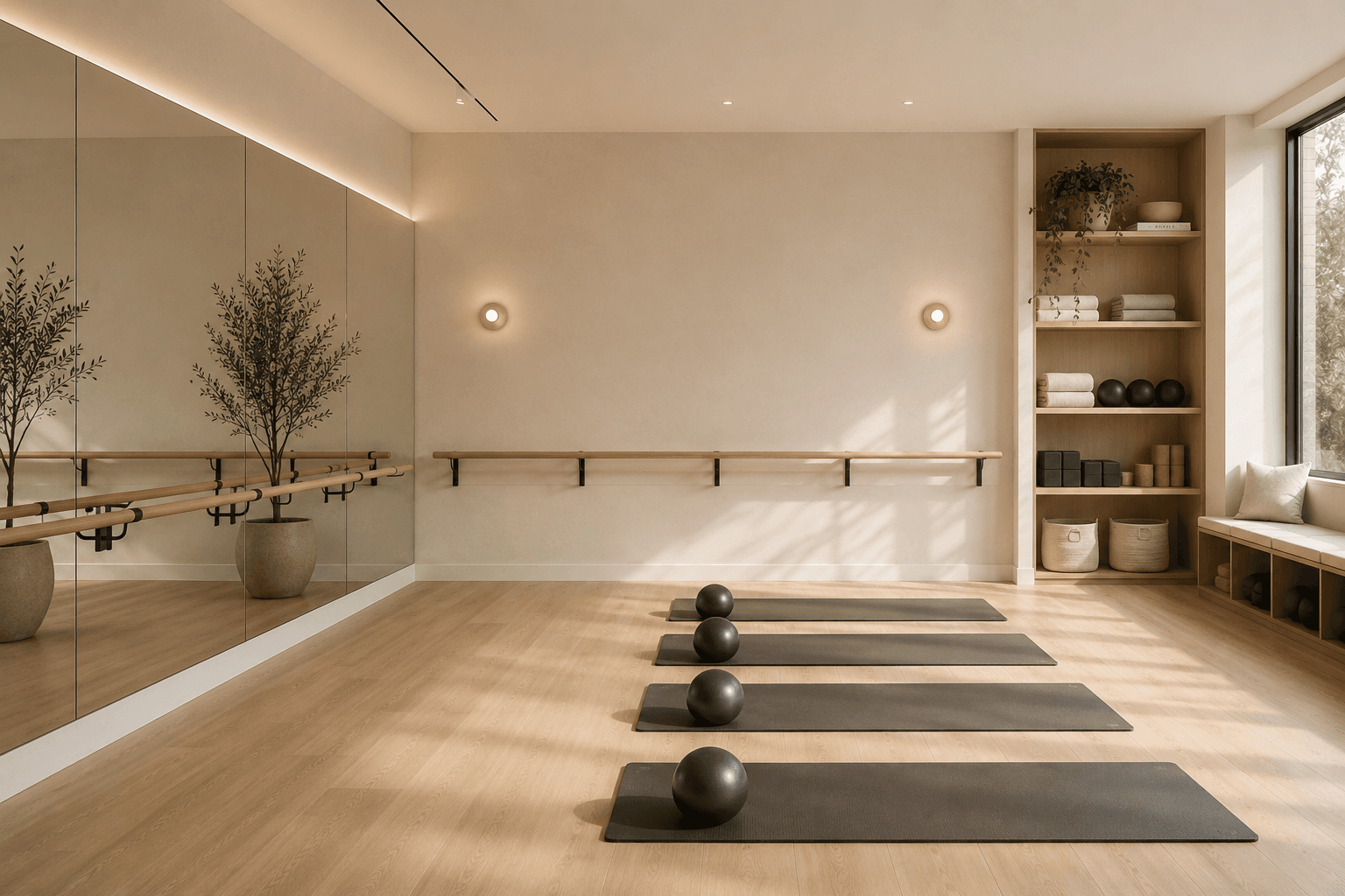 Empty barre studio with mirrored wall and warm natural light
