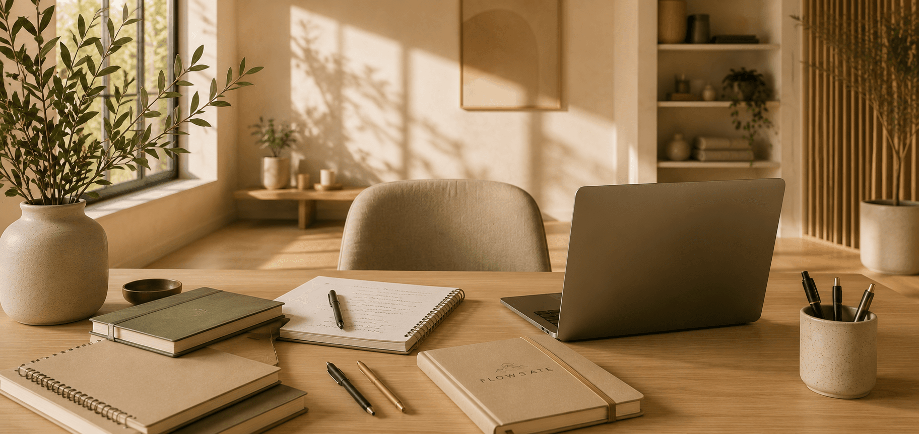 Desk workspace with FlowState notebook and laptop