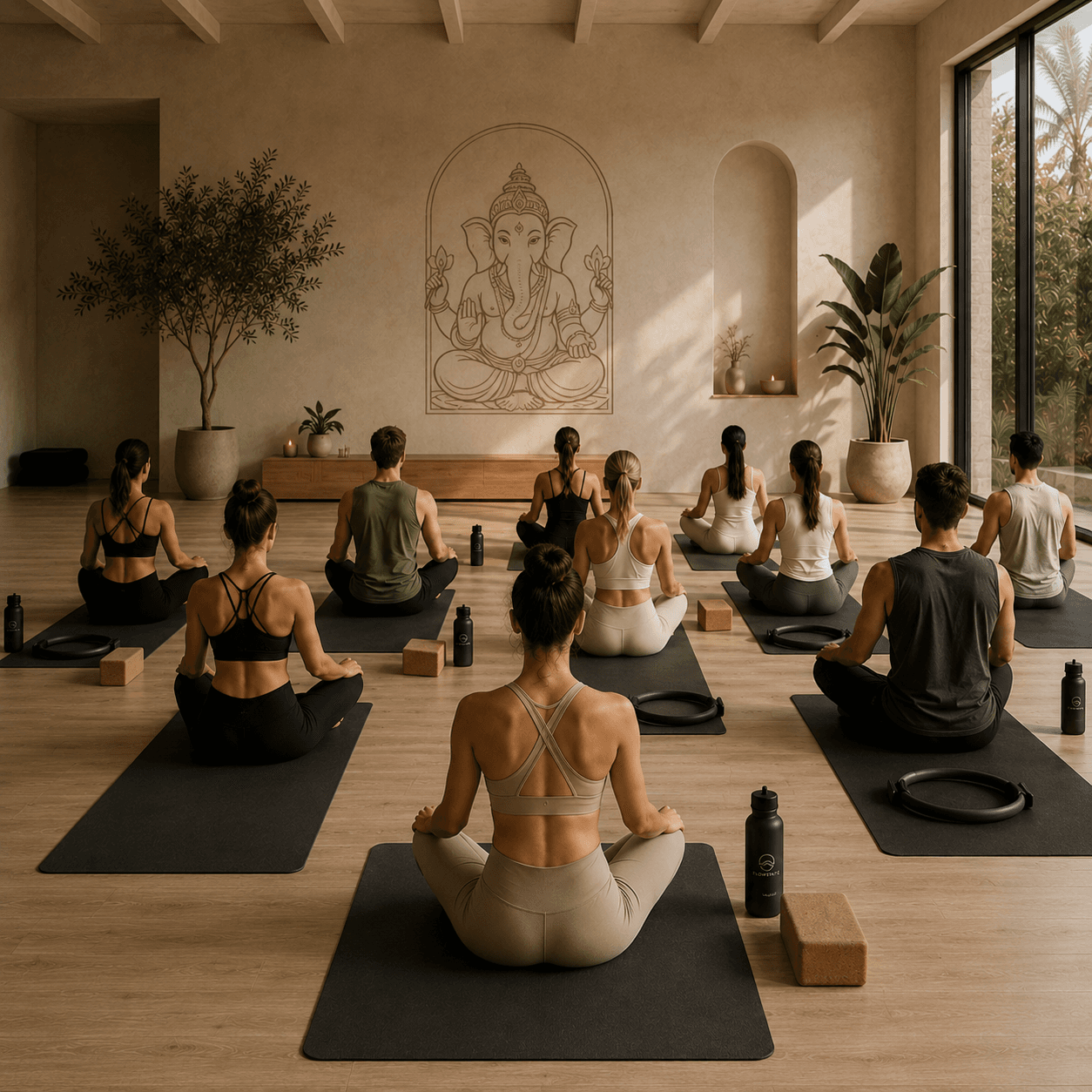 Group meditation class in a sunlit studio
