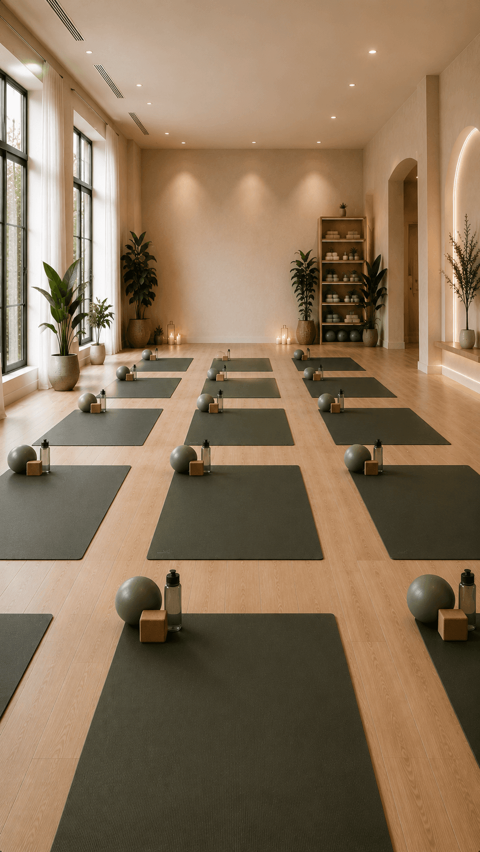 Overhead view of yoga mats set up in a sunlit studio