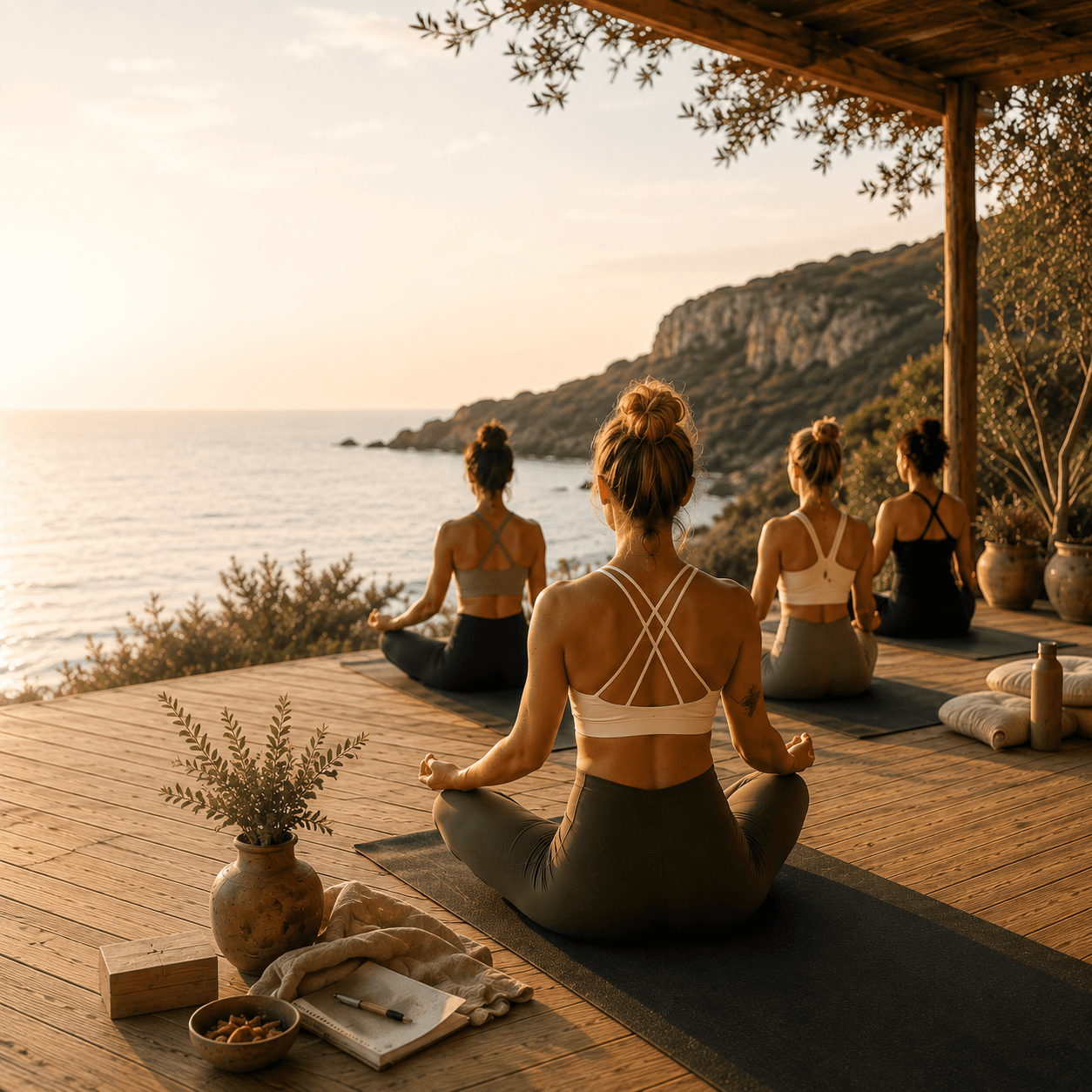 Teachers in seated meditation on an oceanview deck at sunset