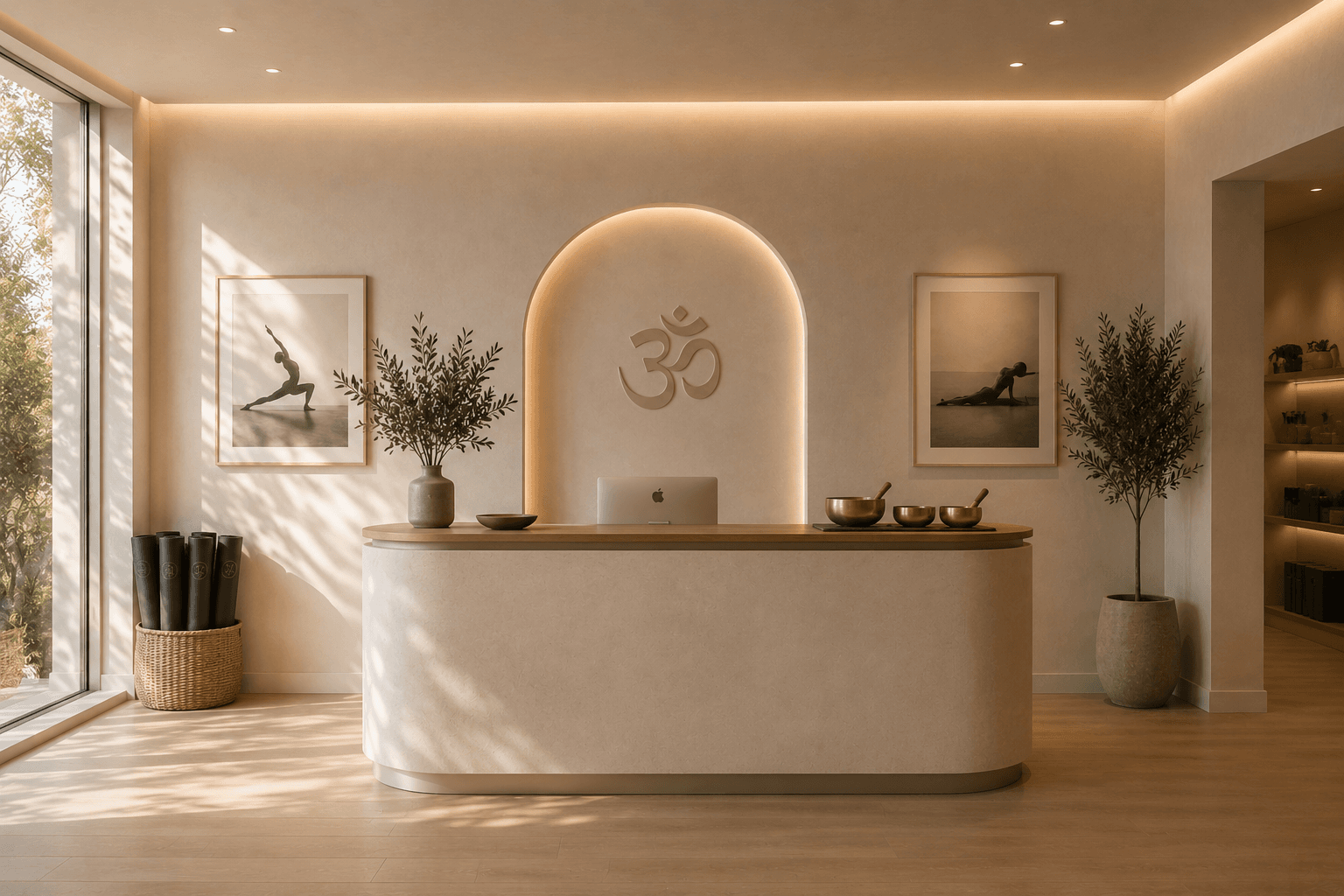 Studio reception desk with singing bowls and warm light
