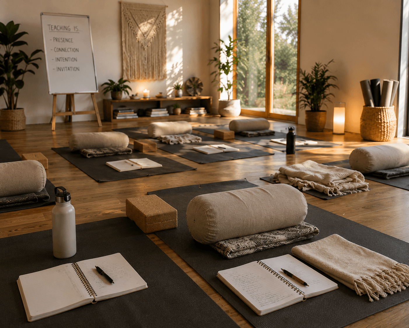Teacher training room with journals and a 'Teaching is presence, connection, intention, invitation' whiteboard